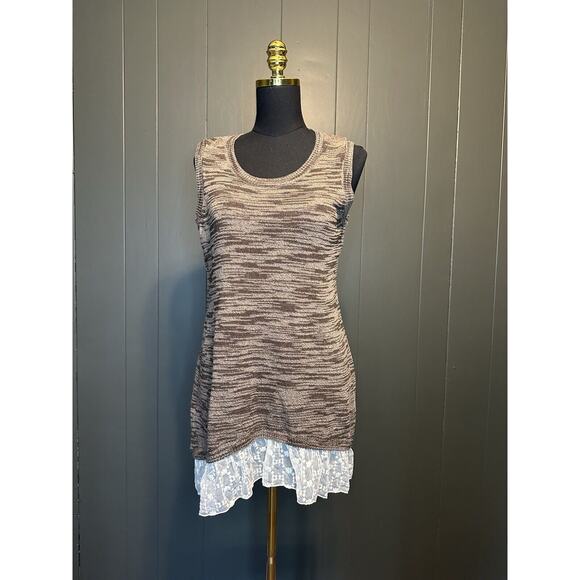 LOGO by Lori Goldstein Tops - Lori Goldstein Brown Knit Sleeveless Tunic Tank Lace Trim Womens Small S